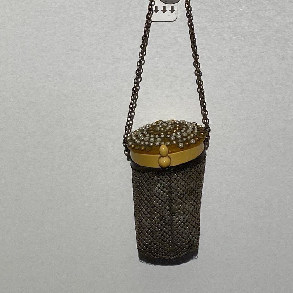 Antique 1920s Metal Mesh Dance Purse Celluloid Lid Faux Pearl Rhinestone Mirror